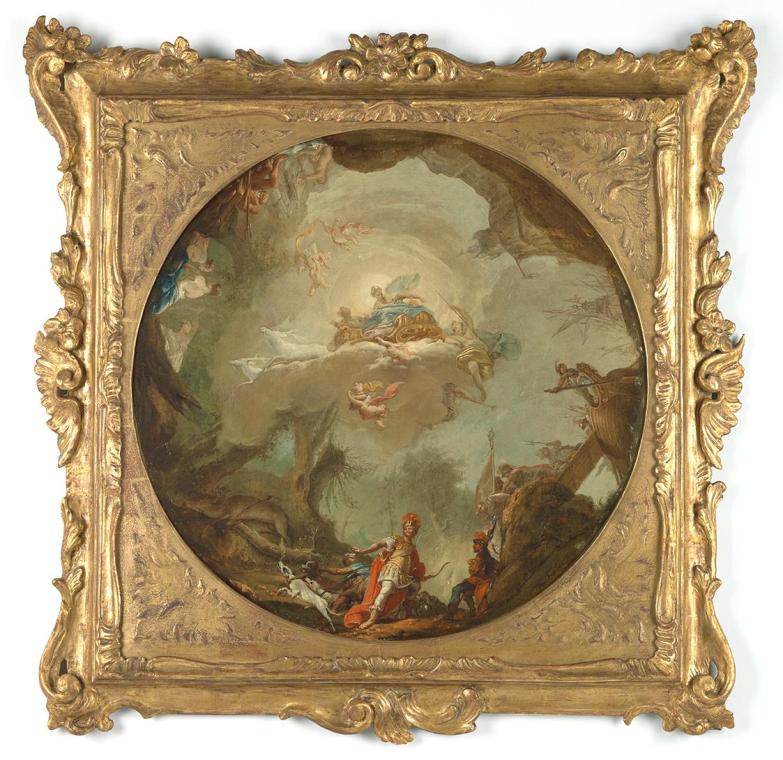 Vinzenz Fischer, Die Jagd des Agamemnon, 1763, Öl auf Leinwand, 63 × 63 cm (Bildfeld kreisförmi ...