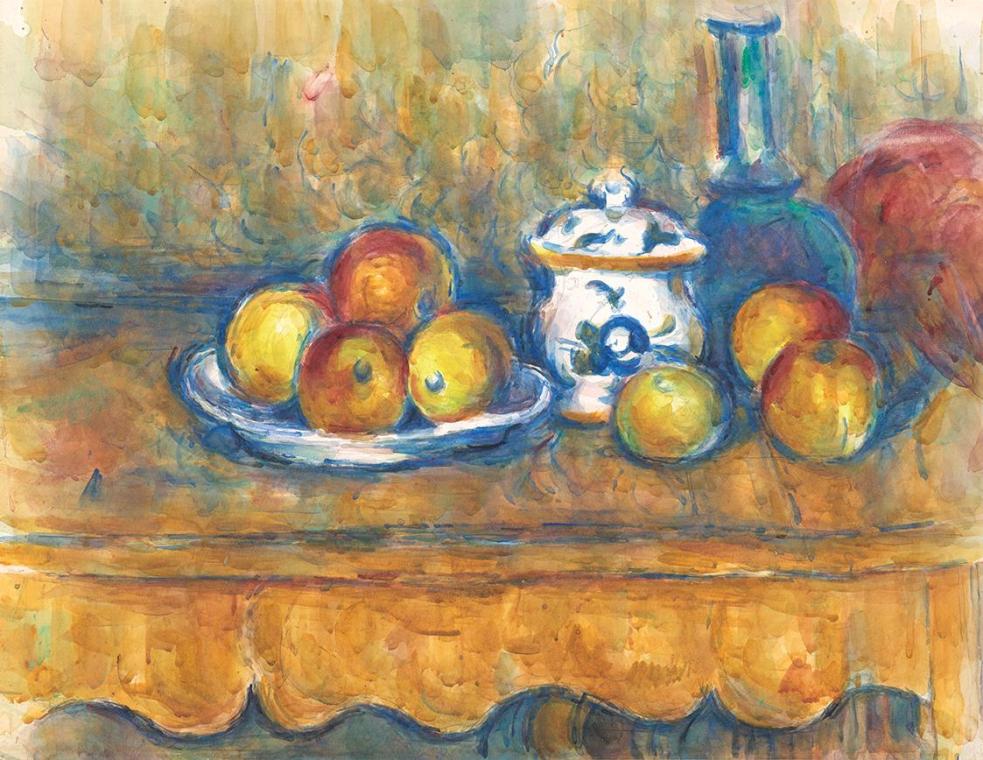 Paul Cézanne, Stillleben mit blauer Flasche, Zuckerdose und Äpfeln, 1900/1902, Aquarell auf Pap ...
