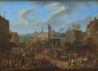 Franz de Paula Ferg, Jahrmarkt mit Tempel und Maibaum, wohl vor 1724, Öl auf Kupfer, 58 x 81 cm ...