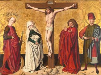 Christus am Kreuz zwischen den hll. Maria und Johannes, Katharina und Sebastian, um 1475/80, Ma ...