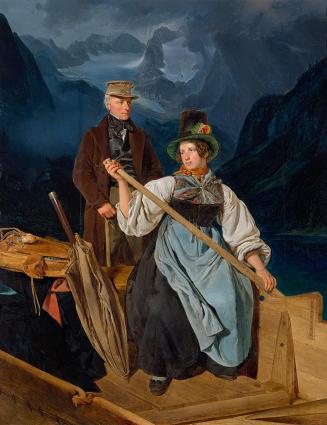 Franz Eybl, Kahnfahrt des Malers Franz Steinfeld über den Gosausee, 1837, Öl auf Holz, 48,5 × 3 ...