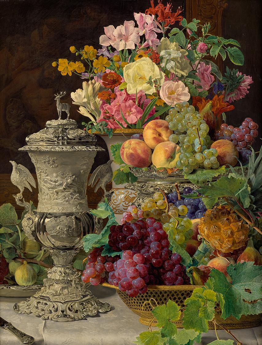 Ferdinand Georg Waldmüller, Stillleben mit Früchten, Blumen und silbernem Pokal, 1839, Öl auf H ...