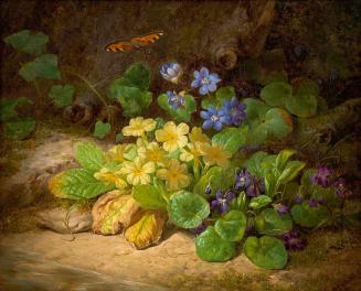 Josef Lauer, Kleines Blumenstück (Alpenblumen), um 1860, Öl auf Leinwand, 31,5 x 39,5 cm, Belve ...
