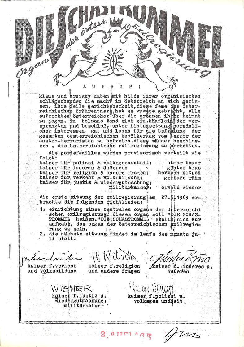 Günter Brus (u.a.), Die Schastrommel, 1969, Papier (Faksimile), geheftet,4 Blatt: 29,8 × 21 × 0 ...
