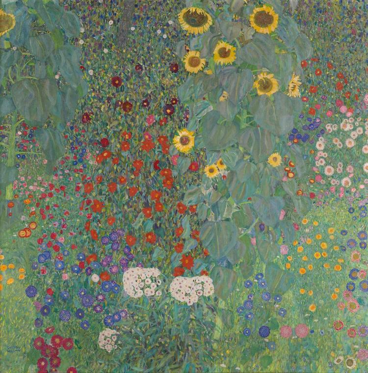 Gustav Klimt, Bauerngarten mit Sonnenblumen, 1906, Öl auf Leinwand, 110 × 110 cm, Belvedere, Wi ...