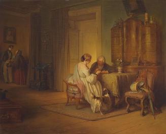 Josef Danhauser, Die Brautwerbung, 1844, Öl auf Holz, 45 × 47 cm, Belvedere, Wien, Inv.-Nr. Lg  ...