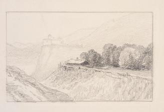 Theodor Alphons, Entwurf. Burg, im Vordergrund Bäume, 1882/1894, Bleistift auf Papier, 14 × 21  ...