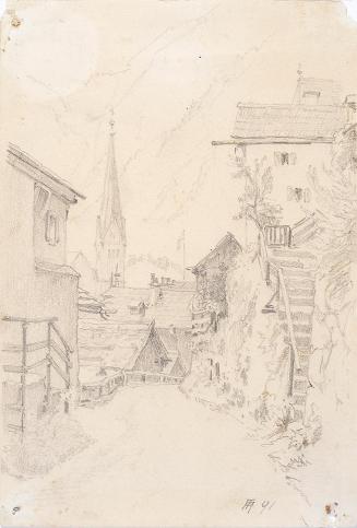 Theodor Alphons, Hallstatt. Straße unter der katholischen Kirche, 1891, Bleistift auf Papier, 1 ...