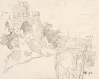 Theodor Alphons, Bergstraße mit Kirche und Häusern im Hintergrund, 1894, Bleistift auf Papier,  ...