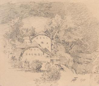 Theodor Alphons, Bauernhäuser am Berg bei Hallstatt, 1894, Bleistift auf Papier, 8,2 × 9,5 cm,  ...