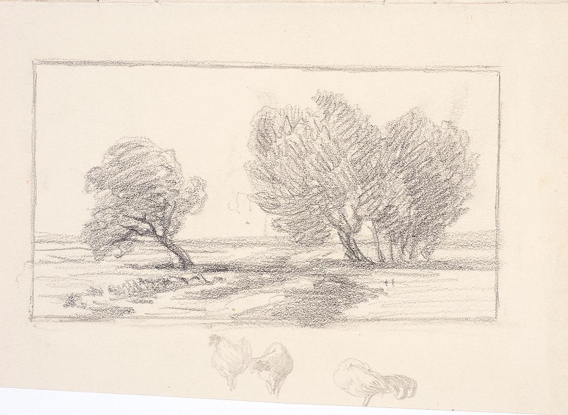 Theodor Alphons, Landschaftsskizze, Hühner, um 1880/1890, Bleistift auf Papier, 14 × 21 cm, Bel ...