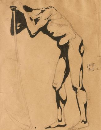 Egon Schiele, Stehender Männerakt, auf eine Sense gestützt, 1906, Bleistift und Tinte auf Papie ...