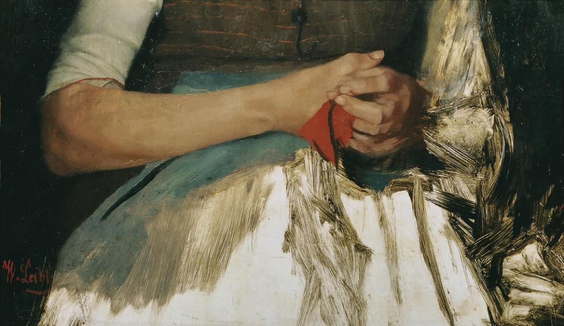 Wilhelm Leibl, Zwei Hände mit rotem Tuch auf blauer Schürze, um 1890, Öl auf Holz, 23 x 39 cm,  ...
