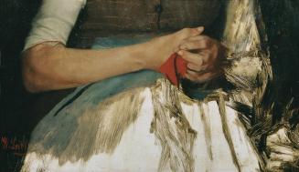 Wilhelm Leibl, Zwei Hände mit rotem Tuch auf blauer Schürze, um 1890, Öl auf Holz, 23 x 39 cm,  ...