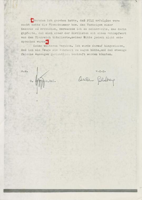Margot Pilz, Ausschnitte der Polizeiprotokolle, 1978, Roter Filzstift auf Kohlepapier, 29,5 × 2 ...