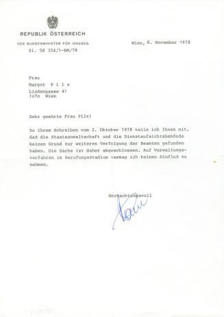 Margot Pilz, Brief Bundesministerium für Inneres, 1978, Schreibmaschine und Tinte auf Papier, 2 ...