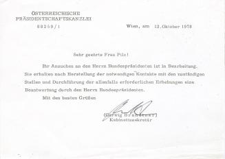 Margot Pilz, Brief Österreichische Präsidentschaftskanzlei, 1978, Xerokopie / Xerografie und Ku ...