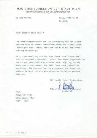 Margot Pilz, Brief Magistratsdirektion der Stadt Wien – Hofrat Dr. Richard Dnescher, Senatsrat, ...