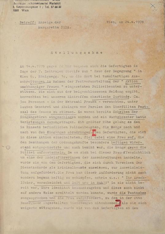 Margot Pilz, Fünfseitiges Protokoll, Polizeidirektion Wien, 1978, Schreibmaschine, Buntstift un ...