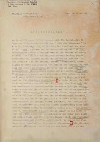 Margot Pilz, Fünfseitiges Protokoll, Polizeidirektion Wien, 1978, Schreibmaschine, Buntstift un ...
