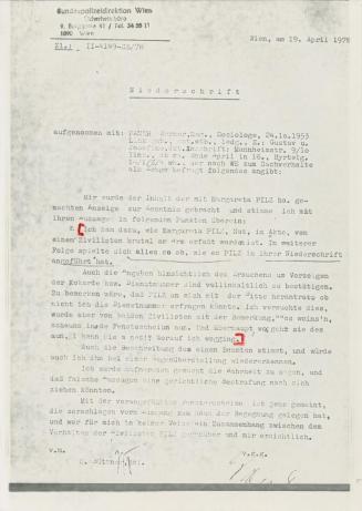 Margot Pilz, Ausschnitte der Polizeiprotokolle, 1978, Roter Filzsstift auf Kohlepapier, 29,7 ×  ...