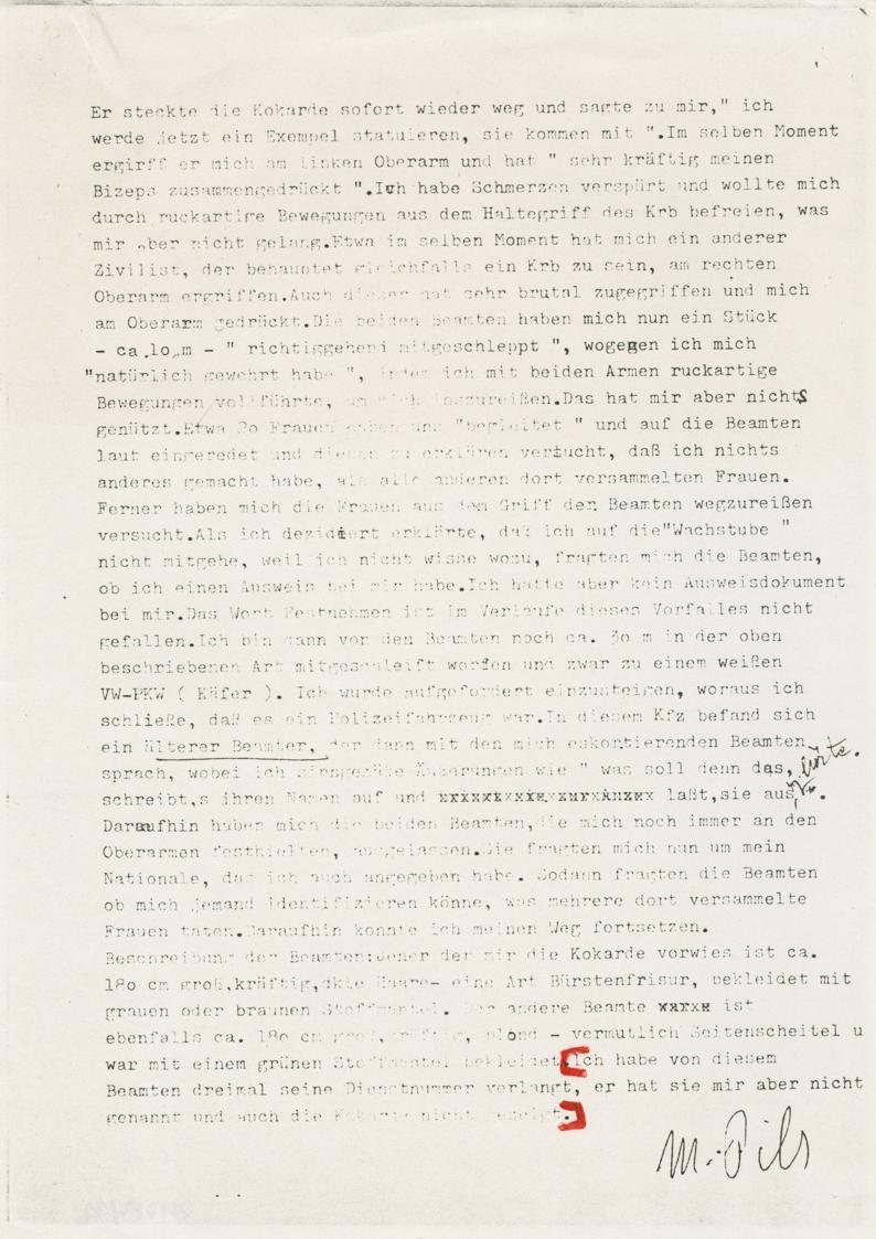Margot Pilz, Ausschnitte der Polizeiprotokolle, 1978, Roter Filzstift auf Xerokopie, 29,7 × 21  ...