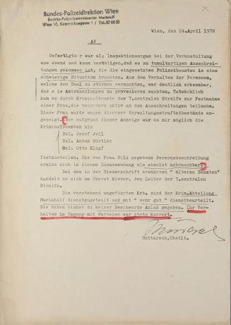 Margot Pilz, Ausschnitte der Polizeiprotokolle, 1978, Roter Filzsstift auf Kohlepapier, 29,5 ×  ...