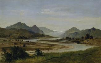 Ludwig Halauska, Alpental mit Flussschlinge, 1860, Öl auf Leinwand auf Karton, 34 x 54 cm, Belv ...