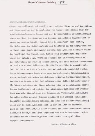 Margot Pilz, Vorwort zum Katalog von Lisbeth Wächter-Böhm, 1978, Kodak Fotopapier und Filzschre ...