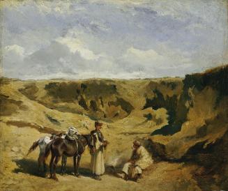 Johann Gualbert Raffalt, Zwei Ungarn mit zwei Pferden in der Puszta, um 1863, Öl auf Holz, 24,5 ...