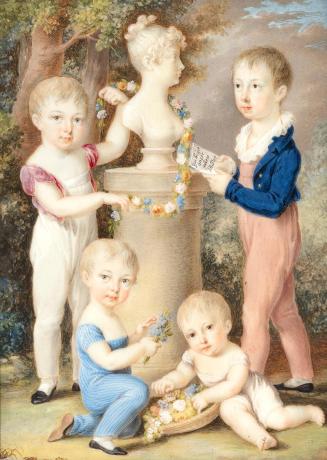 Unbekannter Künstler, Kinder bekränzen die Büste ihrer Mutter, um 1810, Mischtechnik auf Papier ...