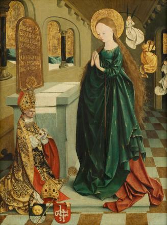 Meister von Mondsee, Maria als Tempeljungfrau im Ährenkleid, um 1497, Malerei auf Tannenholz, 5 ...