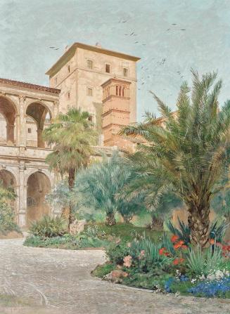 Othmar Brioschi, Vedute der Botschaft in Rom: Garten mit Blick auf Bogengänge, um 1890/1900, Bl ...