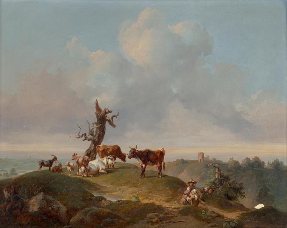 Joseph Heicke, Kühe und Ziegen auf der Weide, 1840, Öl auf Platte, 39,5 × 50 cm, Belvedere, Wie ...