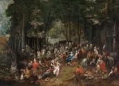 Johann Jakob Hartmann, Landschaft mit Festgesellschaft, undatiert, Öl auf Holz, 78 x 113 cm, Be ...