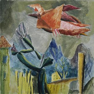 Max Weiler, Engel über Berglandschaft, 1954, Eitempera auf Leinwand, 90,5 × 90 cm, Artothek des ...