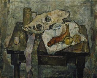 Florentina Pakosta, Stillleben mit Schädel und zwei Bändern, undatiert, Öl auf Leinwand, 80,5 x ...