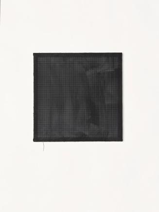 Nicolas Jasmin, Untitled, 2018, Laserentfernte Mischtechnik auf Sackleinen, 31,3 × 31,3 cm, Bel ...