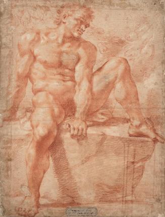 Männerakt, auf Stein sitzend, 16./17. Jahrhundert, Rötel auf Papier, Blattmaße: 57 × 43,5 cm, B ...