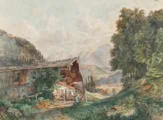 Franz Barbarini, Alpenlandschaft mit Bauernhaus und Frau am Brunnen, um 1860, Aquarell auf Papi ...