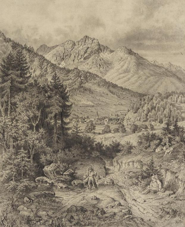 Unbekannter Künstler, Alpenlandschaft mit Staffage, um 1830, Bleistift auf Papier, Bildausschni ...
