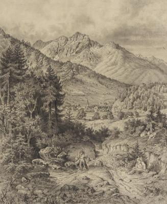 Unbekannter Künstler, Alpenlandschaft mit Staffage, um 1830, Bleistift auf Papier, Bildausschni ...