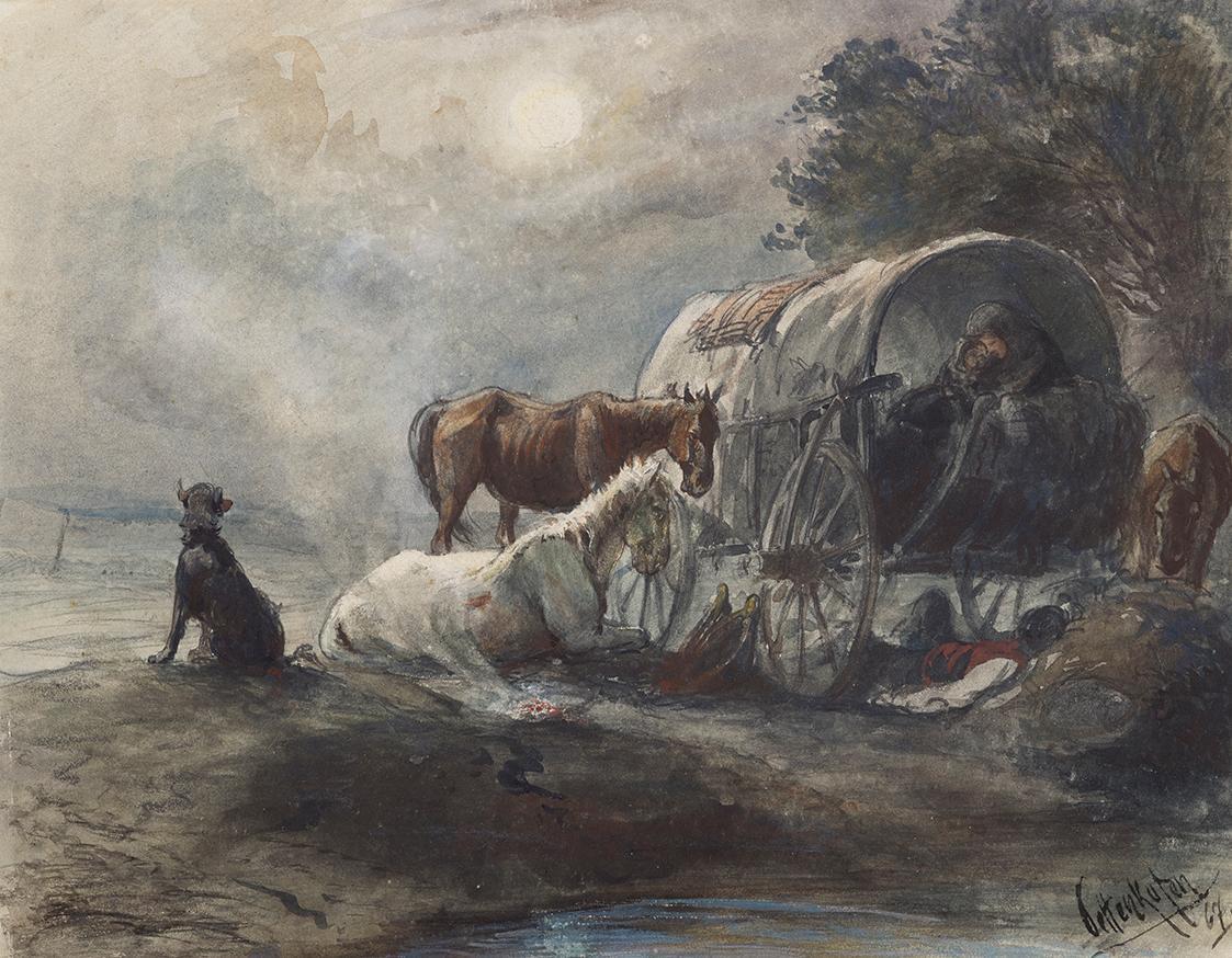 August von Pettenkofen, Übernachtung im Planwagen, 1867, Aquarell auf Papier, 23,5 × 30,2 cm, B ...