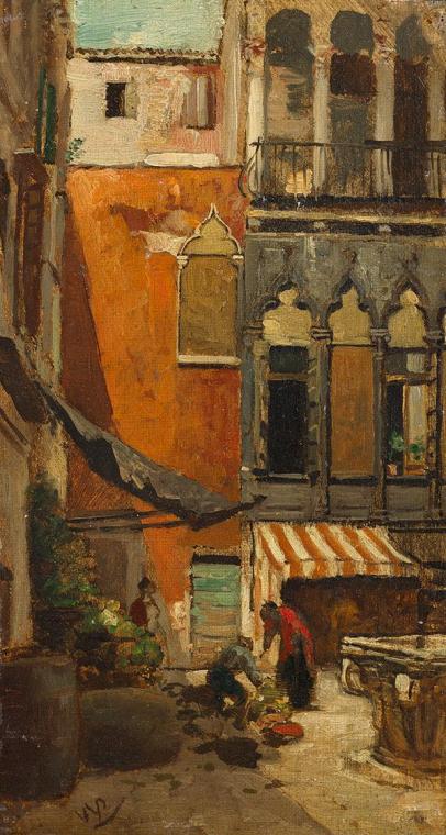 Wilhelm Lindenschmidt, Händler auf einem Platz in Venedig, um 1880, Öl auf Karton, ungerahmt: 2 ...