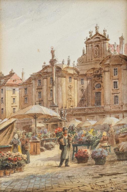 Franz Alt, Blumenmarkt am Hof, 1876, Aquarell auf Papier, 15,5 × 10,3 cm, Belvedere, Wien, Inv. ...