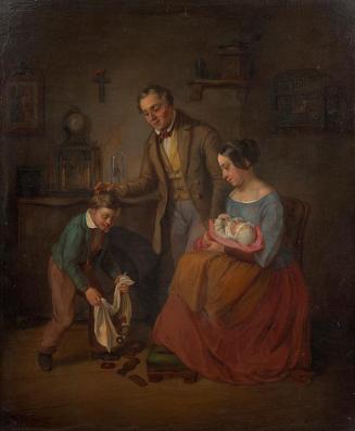 Eduard Ritter, Familie bei der Nikolo-Bescherung, um 1840, Öl auf Holz, 31,5 × 26,5 cm, Legat S ...