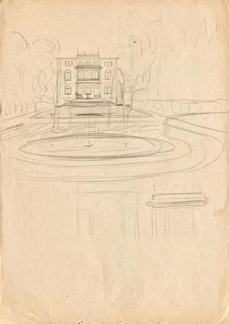 Franz von Matsch, Entwurfsskizzen zu Matschs Ateliervilla - Ansicht vom Garten mit Brunnen, 189 ...
