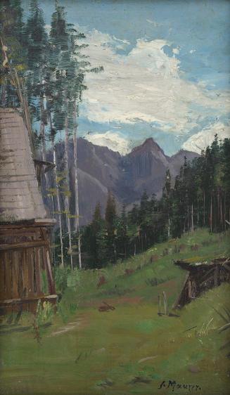 Serafin Maurer, Blick in die Berge bei Radmer in der Obersteiermark, 1925, Öl auf Holz, 26 × 16 ...