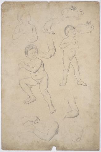 Franz von Matsch, Kinderakt- und Kopfstudien, 2 Hasen, undatiert, Bleistift, 47,8 x 31,2 cm, Be ...