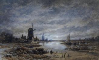 Remy van Haanen, Mondnacht (Kanallandschaft mit Windmühlen und Schiffen), Aquarell auf Papier,  ...